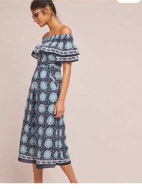 Anthropologie Kopal Off-Shoulder Navy Blue Printed Wide-Leg Jumpsuit